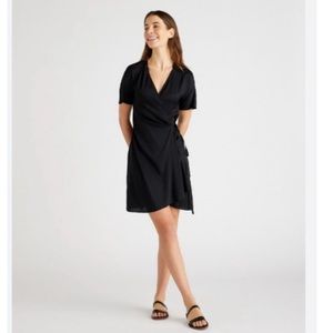 Quince Black Short Sleeve Wrap Mini Dress